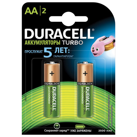 Батареи аккумул. DURACELL AA заряженные, КОМПЛЕКТ 2шт., ёмк. 2400мАч, 1000цикл.перез, 1,2В, блист