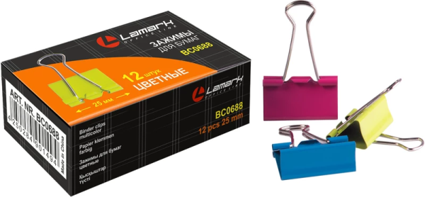 Зажимы для бумаг 25мм LAMARK, 12шт., до 100л., цветные, НЕОН