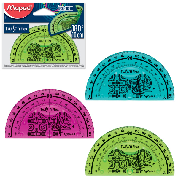 Транспортир 10 см, 180 градусов, пластик, MAPED (Франция) "Twist'n Flex" гибкий,тонир,ассорти,279810