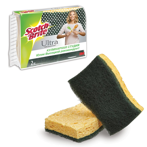 Губки бытовые SCOTCH-BRITE, КОМПЛЕКТ 2 шт., "Интенсив", целлюлозные, 67х93х20 мм, зеленая, HD-C-2-K 