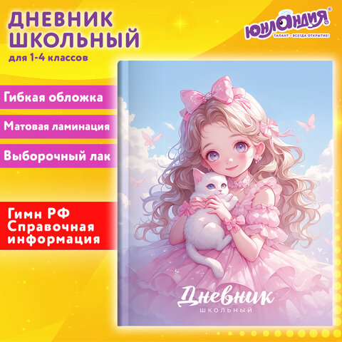 Дневник 1-4 класс 48 л., гибкая обложка, ЮНЛАНДИЯ, выборочный лак, с подсказом, "Девочка с котиком"