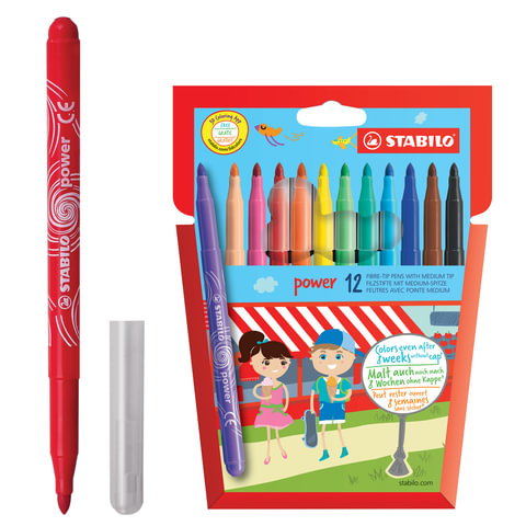 Фломастеры STABILO "Power", 12 цв., пулевидный наконечник 2 мм, картонный футляр, 280/12
