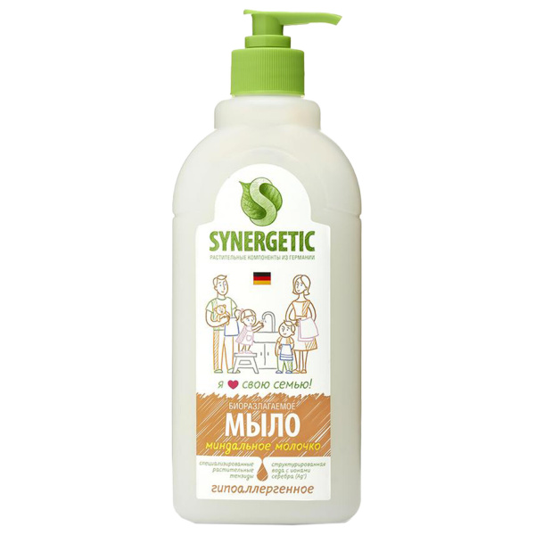 Мыло жидкое 500мл SYNERGETIC "Миндальное молочко", гипоаллергенное, биоразлагаемое, дозатор