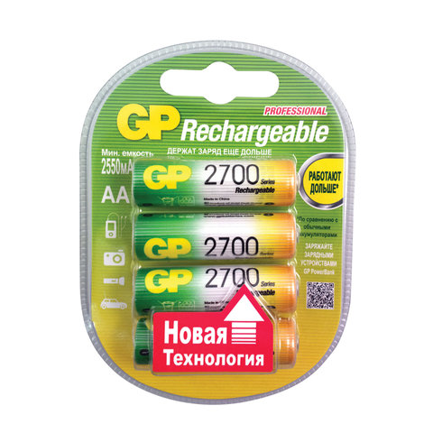 Батарея аккумул. GP (Джи-Пи) AA(R06), ёмк. 2700мАч, 1000цикл.перез,1,2В,блист,270ААНС
