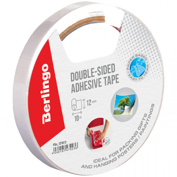 Клейкая лента двусторонняя 12мм*10м, бумажная основа, Berlingo