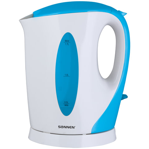 Чайник SONNEN KT-003BL, открытый нагревательный элемент, 1,7л, 2200Вт, пластик, белый/синий, 451818 
