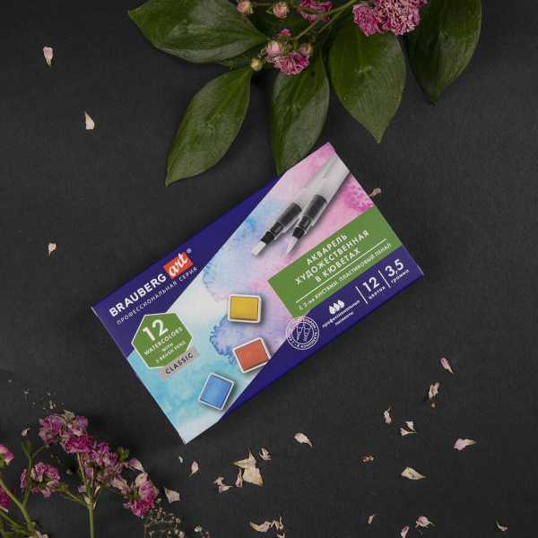 Акварель художественная кюветы НАБОР 12 цветов по 3,5 гр, пластик кейс, BRAUBERG ART CLASSIC, 191768