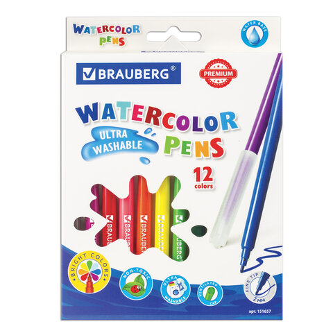 Фломастеры BRAUBERG "PREMIUM", 12 цветов, УЛЬТРАСМЫВАЕМЫЕ, классические, вентилируемый колпачок
