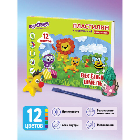 Пластилин классический ЮНЛАНДИЯ, 12 цв., 204г, БЕЗ СТЕКА, КВАДРАТНЫЙ, картонная упаковка, 104823