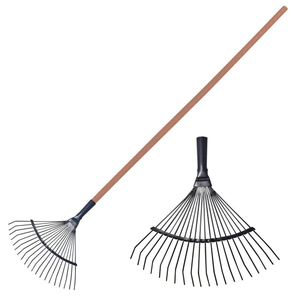 Грабли веерные проволочные, 20 зубьев, ширина 39см, деревянный черенок 120см, КМ000881