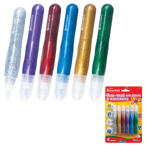 Гель-клей с блестками BRAUBERG "Kids Series" 6цв.,10,5мл(зол,сер,красн,син,зел,фиол),блистер, 190721