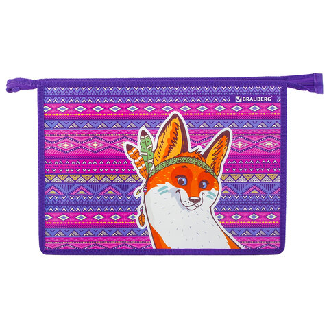 Папка для тетрадей BRAUBERG, А4, 1 отделение, пластик, молния сверху, Лис, 228134