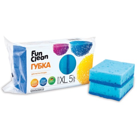Губки бытовые для мытья посуды FUN CLEAN XL, КОМПЛЕКТ 5шт., чистящий слой, (в25*ш100*г70мм), 6794
