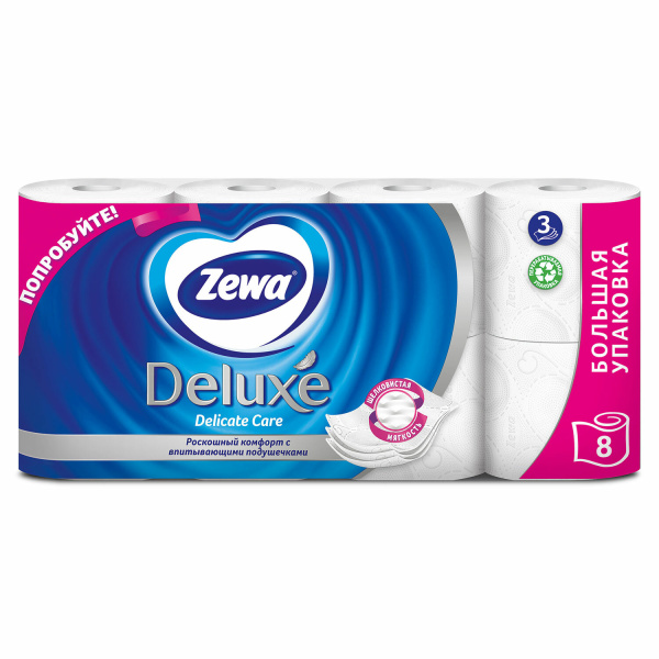 Бумага туалетная 3-х слойная 8 рулонов (8х18м), белая, ZEWA Deluxe, 536600, ш/к 13345