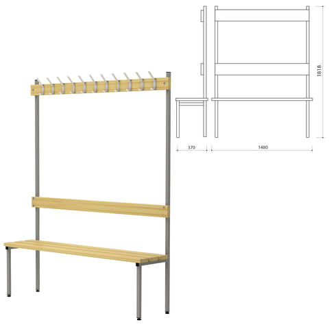 Скамья с вешалкой, спинкой П-091Д/1,5 (в1818*ш1480*г370мм), 11 крючков, дерево, металлокаркас, ш/к 6