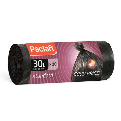Мешки д/мусора 30л PACLAN "Standard" в рулоне 20шт., ПНД 7мкм, 50*60см, черные, ш/к 02839 
