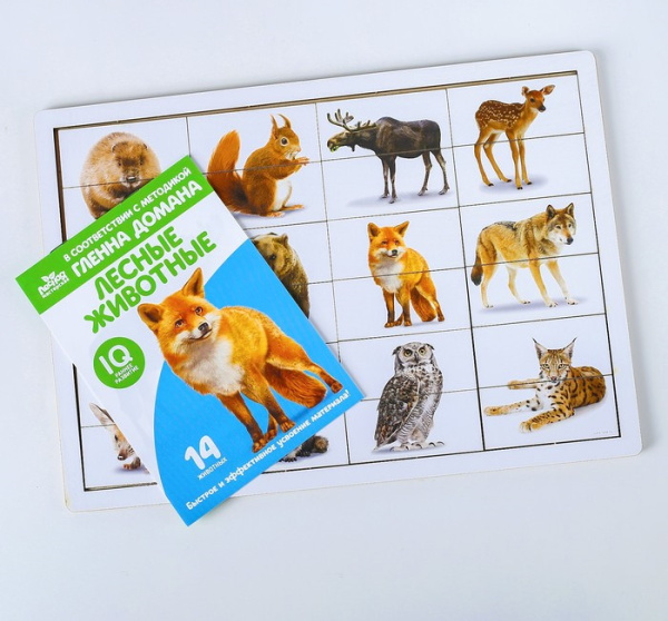 Головоломка. Рамка-вкладыш с Доманом «Лесные животные» (12 ЖИВОТНЫХ В ГОЛОВОЛОМКЕ, 14 ЖИВОТНЫХ В КНИ