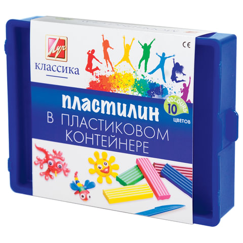 Пластилин ЛУЧ "Классика", 10 цв., 200 г, со стеком, пластиковый контейнер, 20С1345-08 Пластилин ЛУЧ "Классика", 10 цв., 200 г, со стеком, пластиковый контейнер, 20С1345-08