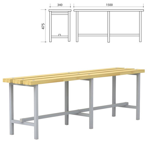 Скамья для раздевалок, 1500х340х475 мм, каркас металлический серый, сиденье дерево, П-13Д(1500)