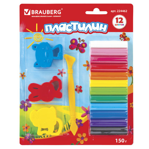 Пластилин BRAUBERG 12 цв, 150г,стек, 3 штампика для лепки,в блистере, ВЫС. КАЧЕСТВО (Тайланд),224462
