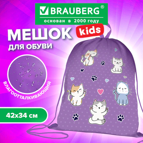 Мешок для обуви BRAUBERG KIDS, с петлей, 42х34 см, "Игривые котята", 272413