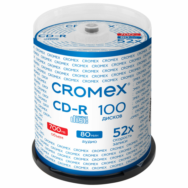Диски CD-R CROMEX, 700 Mb, 52x, Cake Box (упаковка на шпиле), 513778