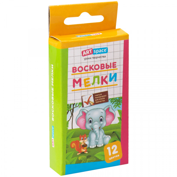 Мелки восковые ArtSpace "Зверята", 12цв., круглые, картон, европодвес