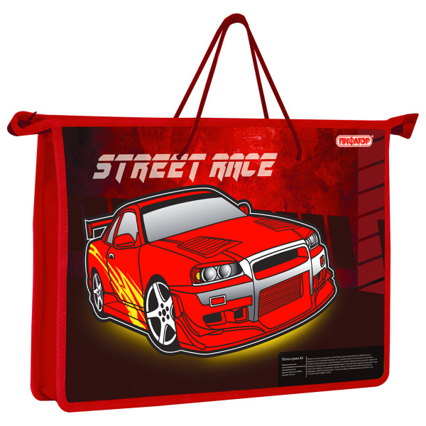 Папка на молнии с ручками ПИФАГОР А4, 1 отделение, пластик, молния сверху, STREET RACE, 229112