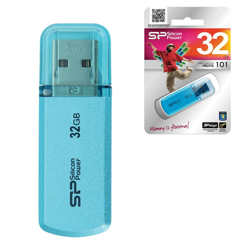 Флэш-диск SILICON POWER 32GB Helios USB 2.0, скорость чтения/записи - 10/5 Мб/сек, ГОЛУБОЙ