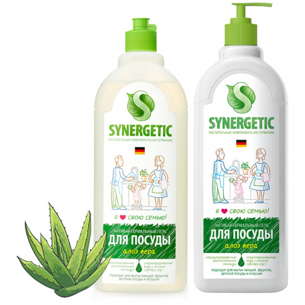 Средство для мытья посуды SYNERGETIC 1л, "Алоэ", антибактериальный, концентрат, с дозатором
