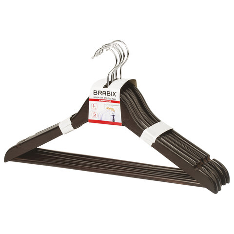 Вешалки-плечики р. 48-50 BRABIX "Стандарт", комплект 5шт., дерево, перекл., 45см, цвет темно-кор.