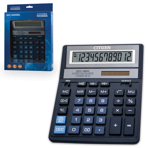 Калькулятор CITIZEN настольный SDC-888XBL, 12 разр., двойное питание, 205х159мм, СИНИЙ, оригинальный