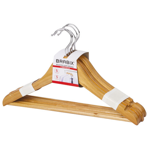 Вешалки-плечики р. 36-40 BRABIX "Стандарт", комплект 5 шт., дерево, перекладина, 36 см