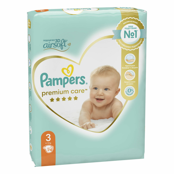 Подгузники КОМПЛЕКТ 74 шт. PAMPERS (Памперс) "Premium Care", размер 3 (6-10 кг), 8001090604644 