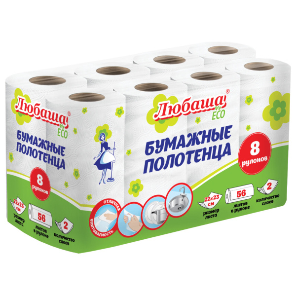 Полотенца бумажные 2-х слойные, спайка 8 рулонов (8х13 м), ЛЮБАША ECO