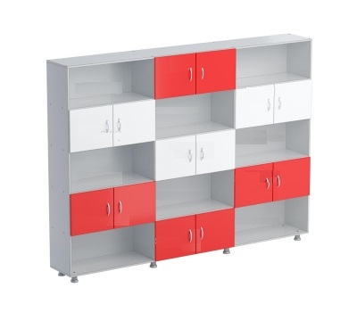 Шкаф 3-хсекционный с дверками, 2547х376х1835мм, серый/двери белые, красные