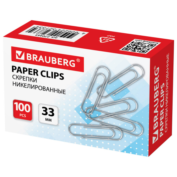 Скрепки BRAUBERG 33 мм, никелированные, 100 шт., в картонной коробке