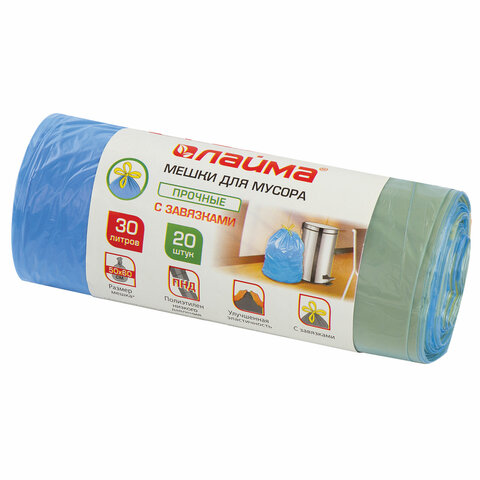 Мешки д/мусора 30л с завязками LAIMA в рулоне 20шт, ПНД 12мкм, 50*60см, синие