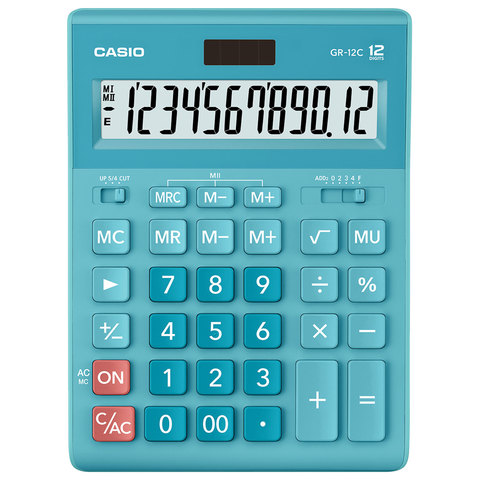 Калькулятор CASIO настольный GR-12С-LB, 12 разрядов, двойное питание, 210х155 мм, голубой, GR-12C-LB