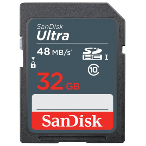 Карта памяти SDHC, 32 GB, SANDISK Ultra UHS-I, скор. передачи 48 Мб/сек (class 10), DUNB-032G-GN3IN