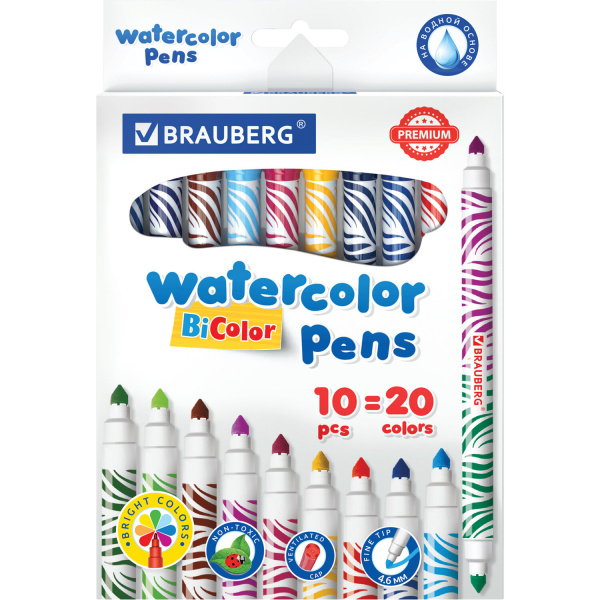 Фломастеры двусторонние утолщенные BRAUBERG "PREMIUM" "BI-COLOR", 10 шт., 20 цветов, двухцветные, ве
