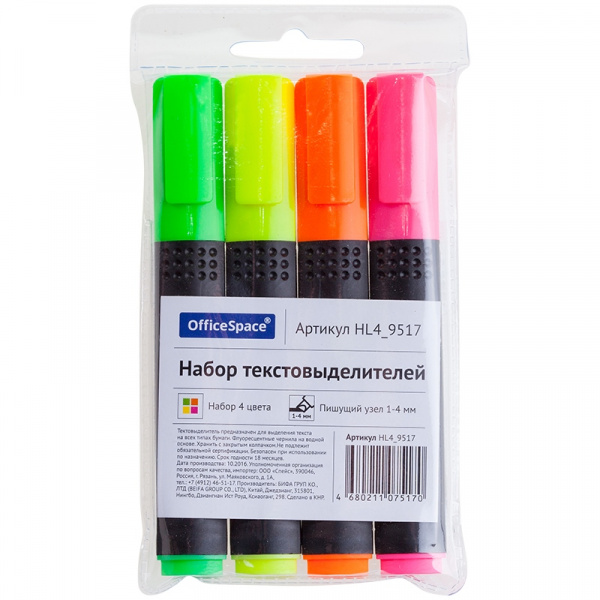 Набор текстовыделителей OfficeSpace 4цв., 1-4мм, чехол с европодвесом HL4_9517