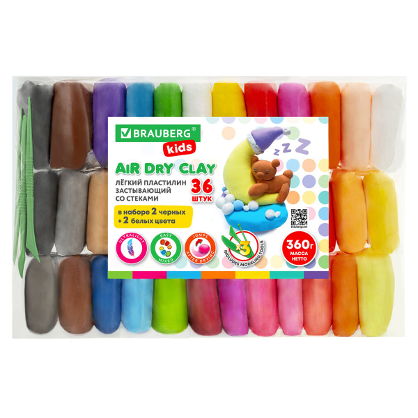 Пластилин супер лёгкий застывающий 36шт(32цв+2бел+2черн), 360г, 3 стек, BRAUBERG KIDS, 106309 Пластилин супер лёгкий застывающий 36шт(32цв+2бел+2черн), 360г, 3 стек, BRAUBERG KIDS, 106309