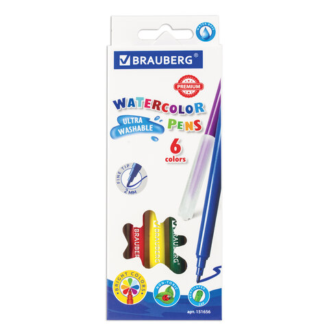 Фломастеры BRAUBERG "PREMIUM", 6 цветов, УЛЬТРАСМЫВАЕМЫЕ, классические, вентилируемый колпачок, карт