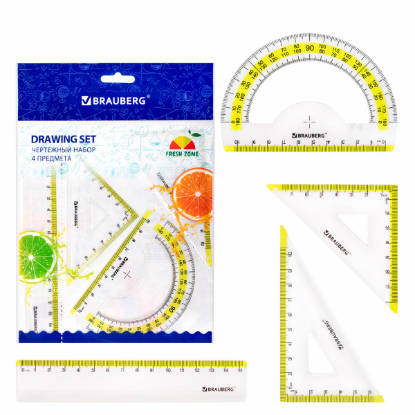 Набор чертежный малый BRAUBERG "FRESH ZONE" (линейка 15 см, 2 треуг, транспортир), желтая шкала