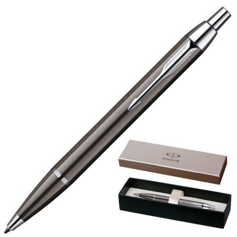 Ручка шариковая PARKER "IM Gun Metal CT", корпус вороненая сталь, латунь, хромированные детали, синя