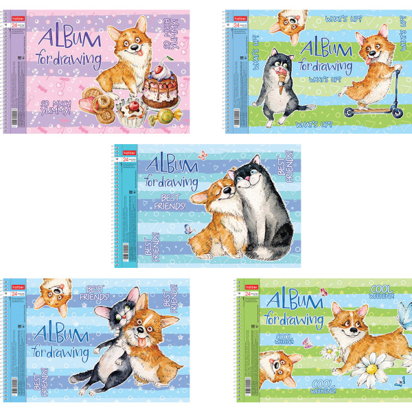 Альбом для рисования А4 24 л., спираль, обложка картон, HATBER, 205х290 мм "Корги" (5 видов) 24А4Всп