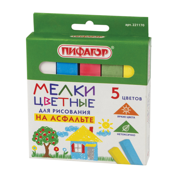 Набор мелков ПИФАГОР шк. цветных (5шт.), для рисования на асфальте, 221170