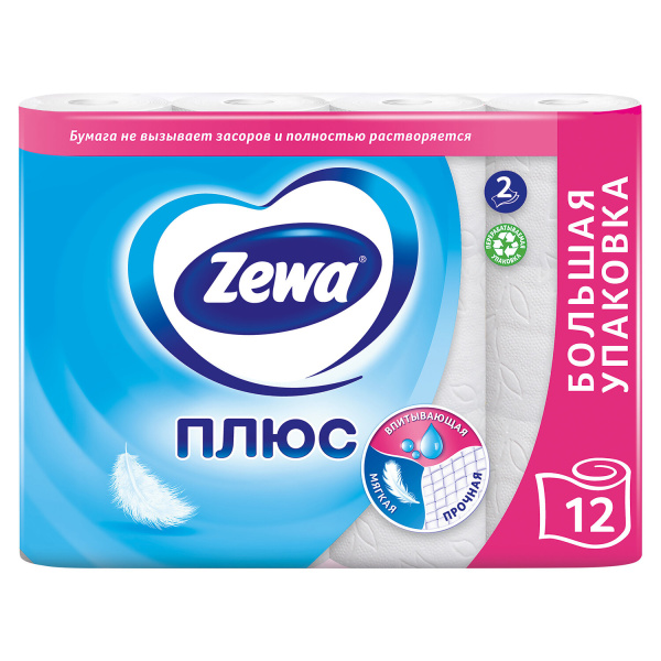 Бумага туалетная 2-х слойная 12 рулонов (12х23м), белая, ZEWA Plus, 144090, ш/к 08529