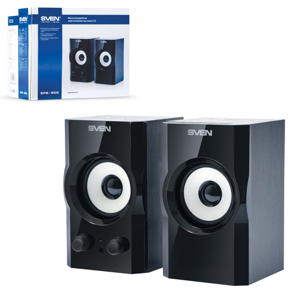 Колонки компьютерные SVEN SPS-605, 2.0, 6 Вт, разъем для наушников, регулятор громкости, дерево, чёр